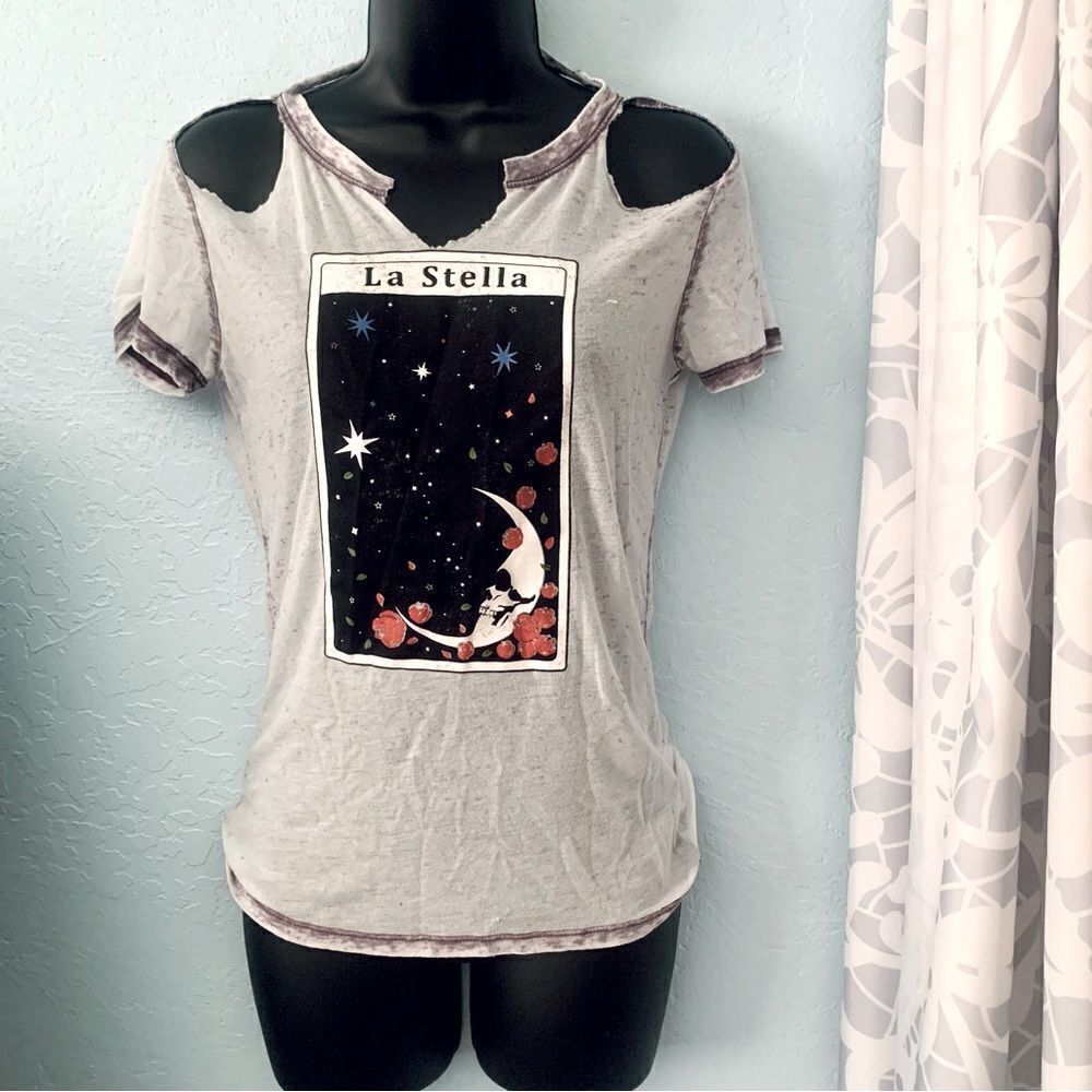 Unbranded Gray/Lavender Skull Moon & Stars Distressed Burnout T-shirt Size Small